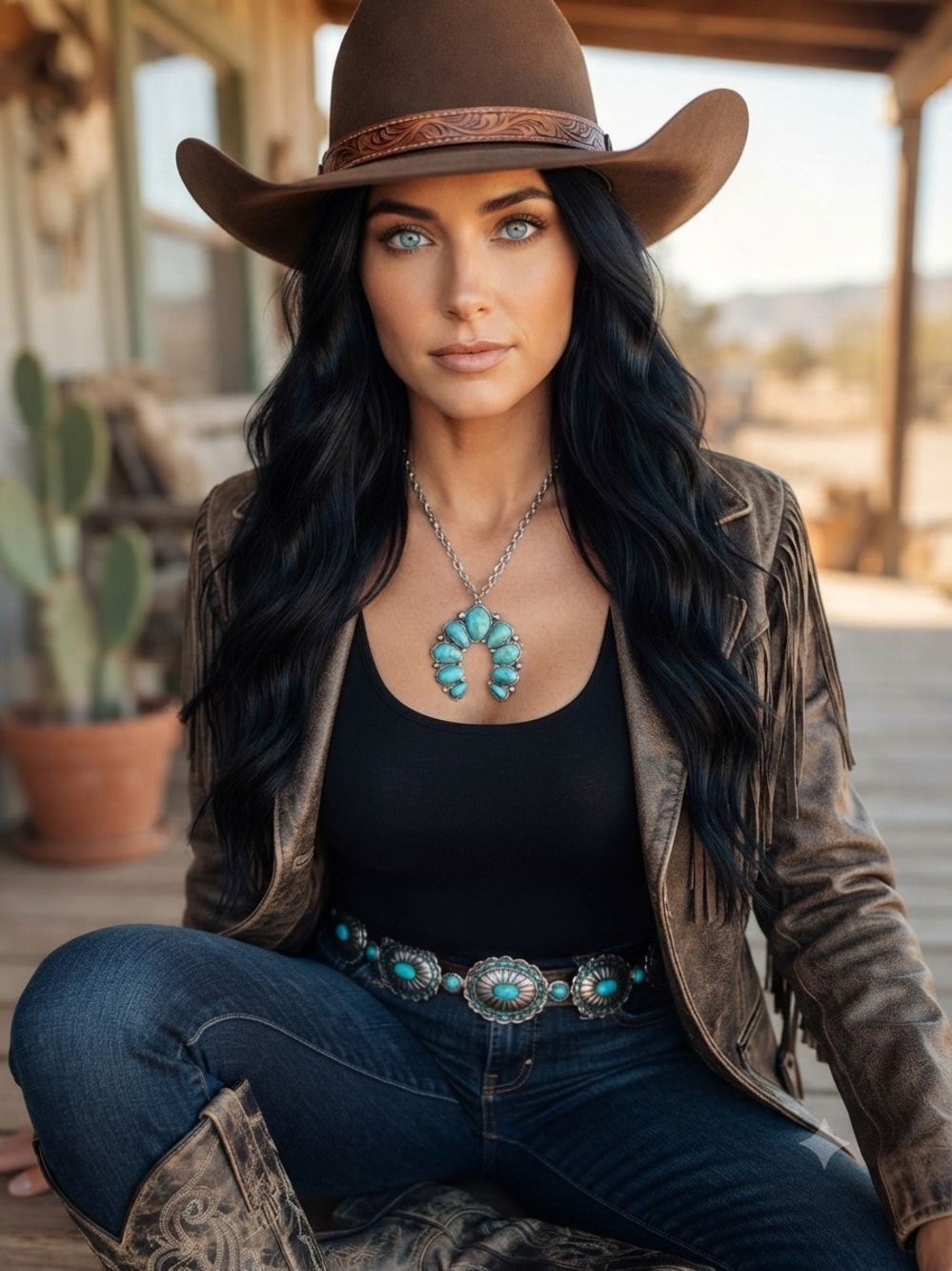 Boho Western Statement Necklace Naja Pendant Faux Turquoise Silver Tone